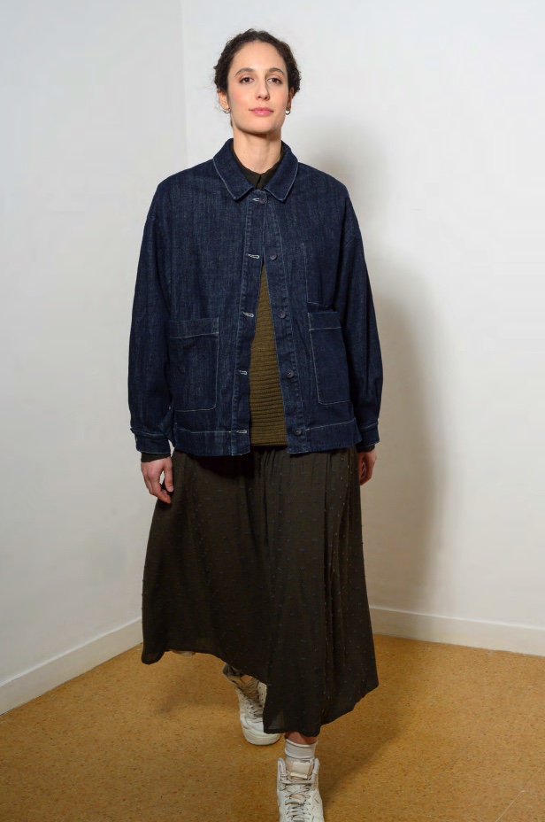 Isabella Clementini patterned coat with cream knit and denim