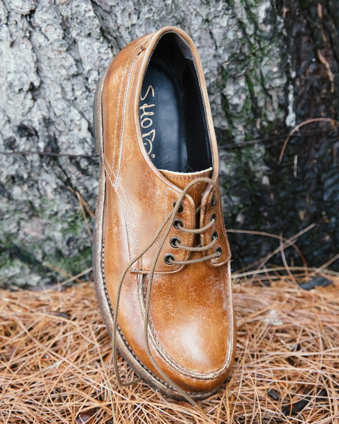 Shoto tan derby shoe close-up on pine needles