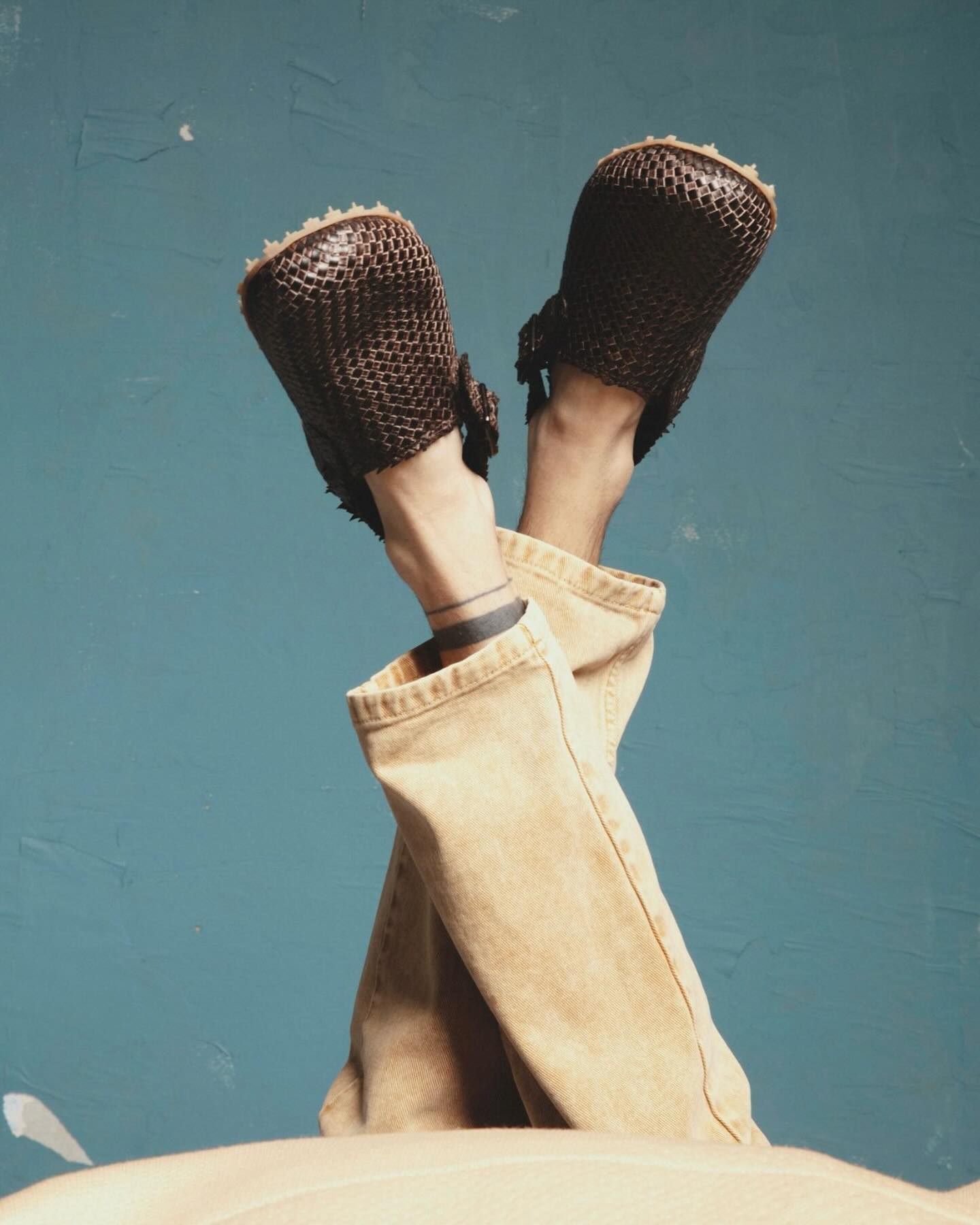 Shoto woven dark slip-ons styled with light denim