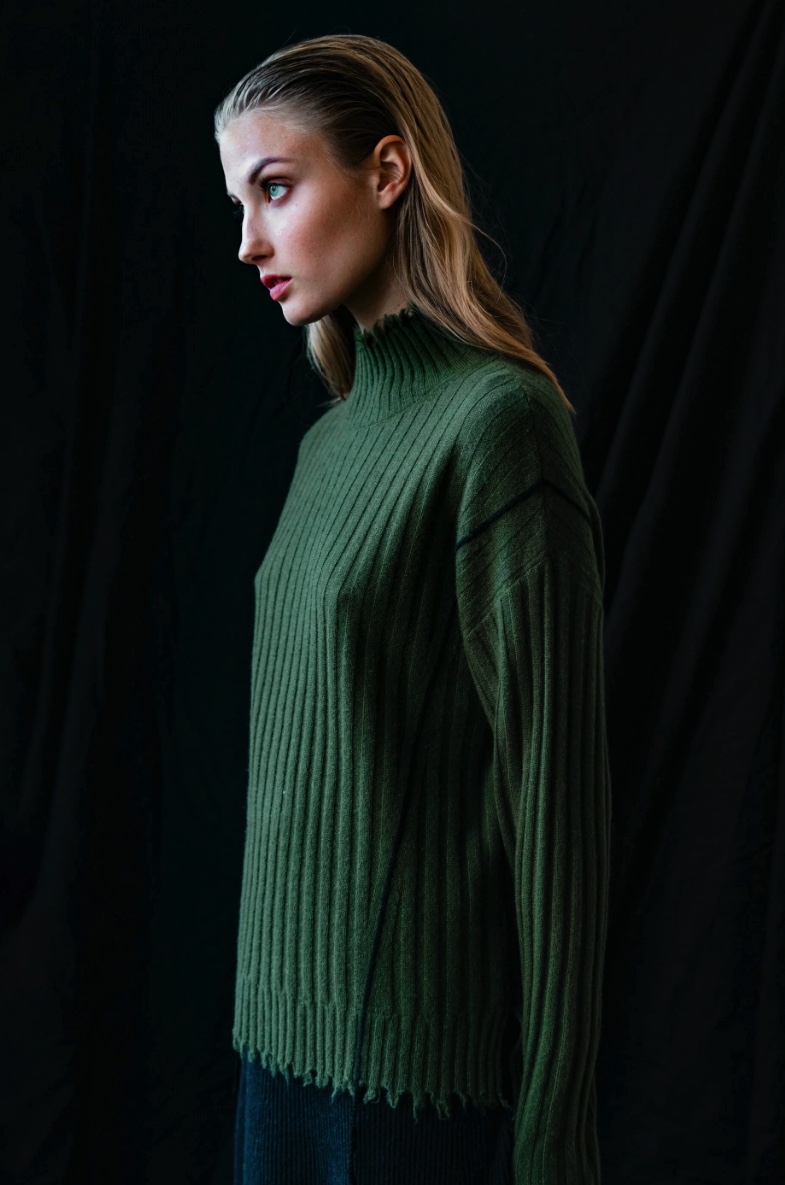 SOH green ribbed knit sweater editorial portrait