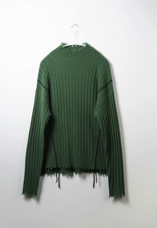 SOH green ribbed sweater on a hanger