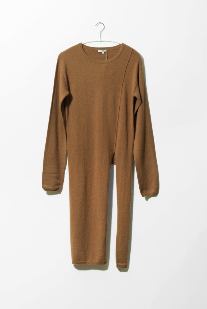 SOH camel knit garment on a hanger