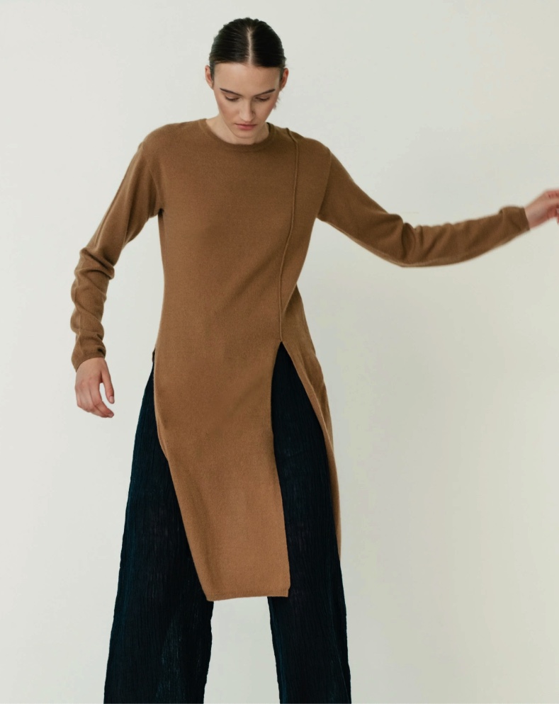 SOH camel knit tunic styled with dark trousers