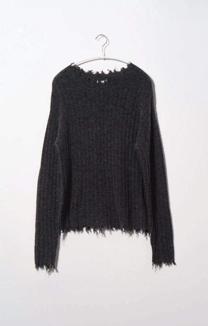 SOH charcoal distressed knit sweater on a hanger