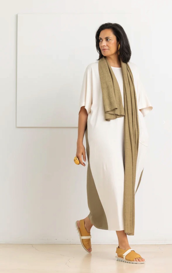 SOH white dress with neutral scarf