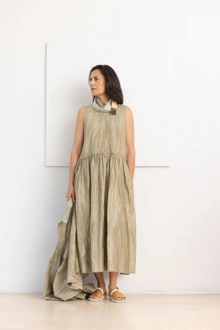 SOH neutral gathered dress editorial look